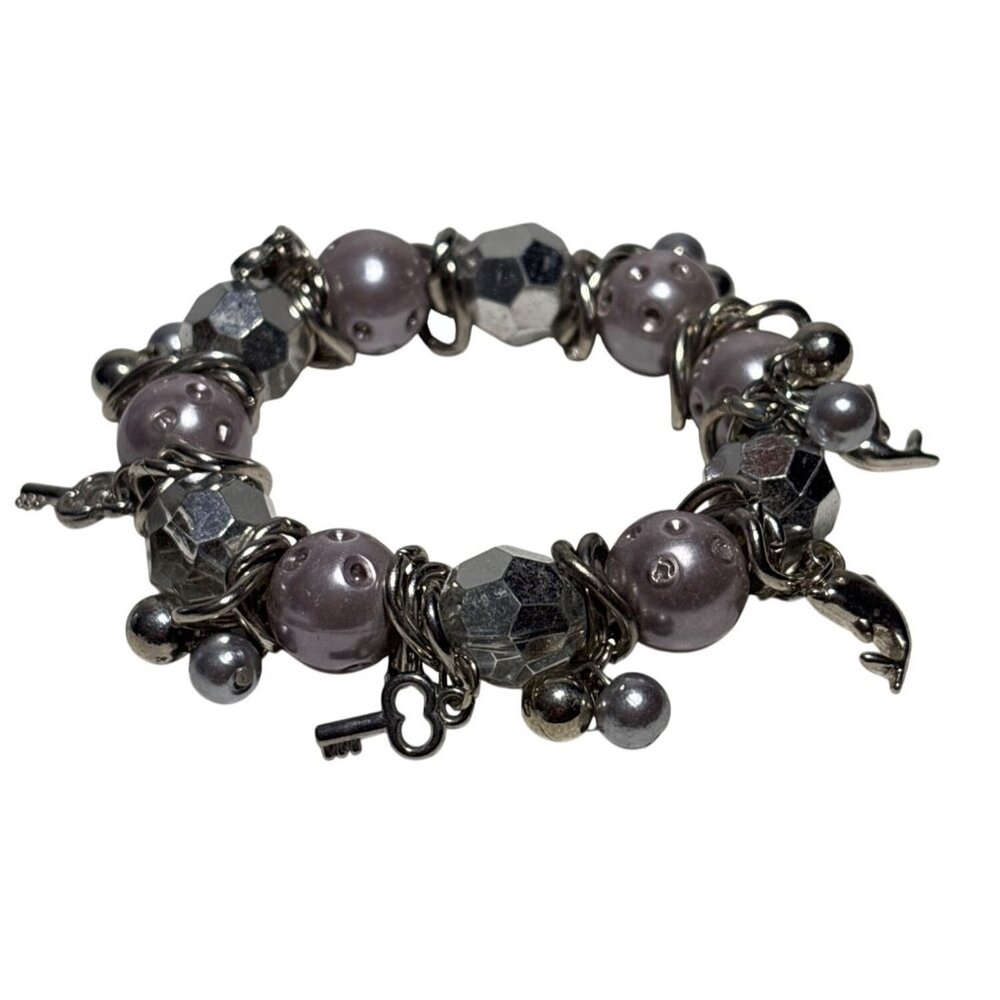 Charm Bracelet Silver Lavender Beads Dolphin Starfish Key Accents Stretch
